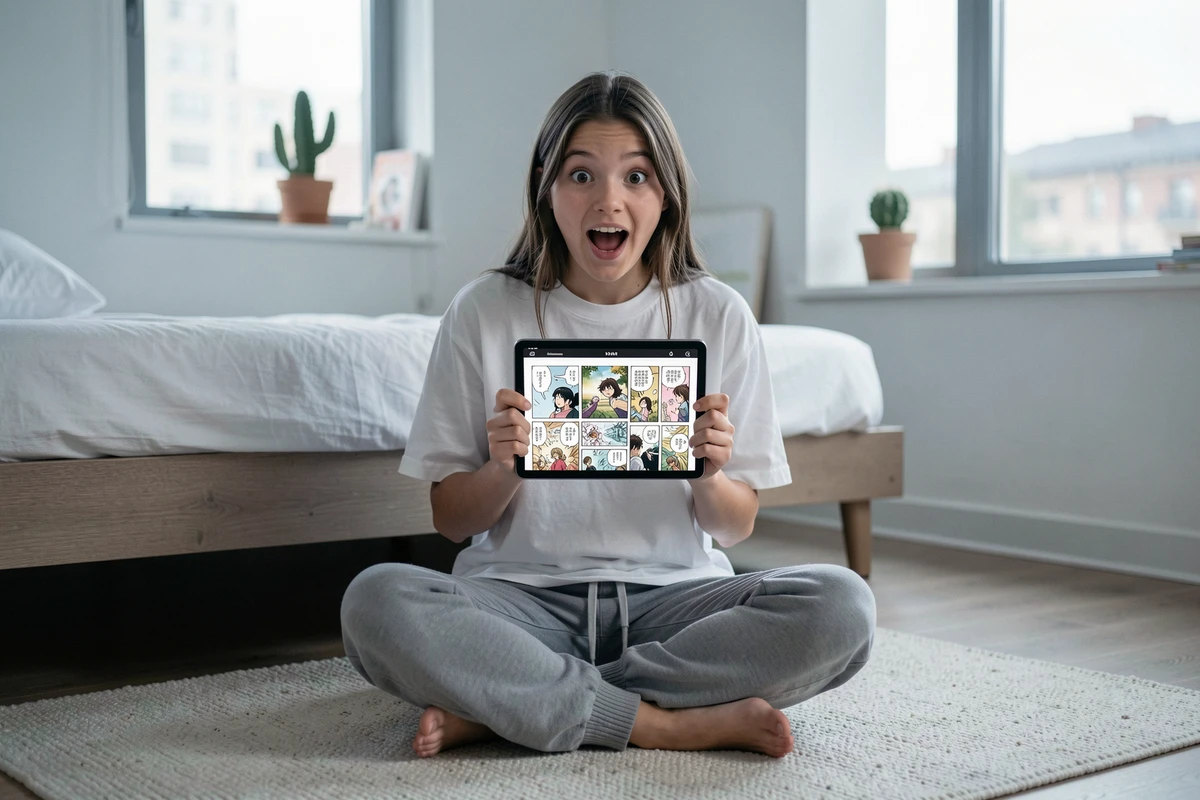 Adolescente lisant le chapitre One Piece 1141 en vf sur une tablette dans sa chambre