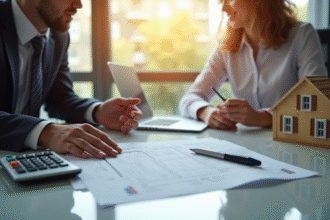 Agent immobilier expliquant documents d'impots à un client dans un bureau lumineux