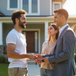 Agent immobilier remettant les clés à un couple souriant devant une maison moderne