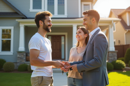 Agent immobilier remettant les clés à un couple souriant devant une maison moderne