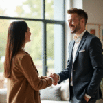 Agent immobilier souriant serre la main d'un couple dans un salon lumineux