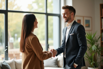 Agent immobilier souriant serre la main d'un couple dans un salon lumineux
