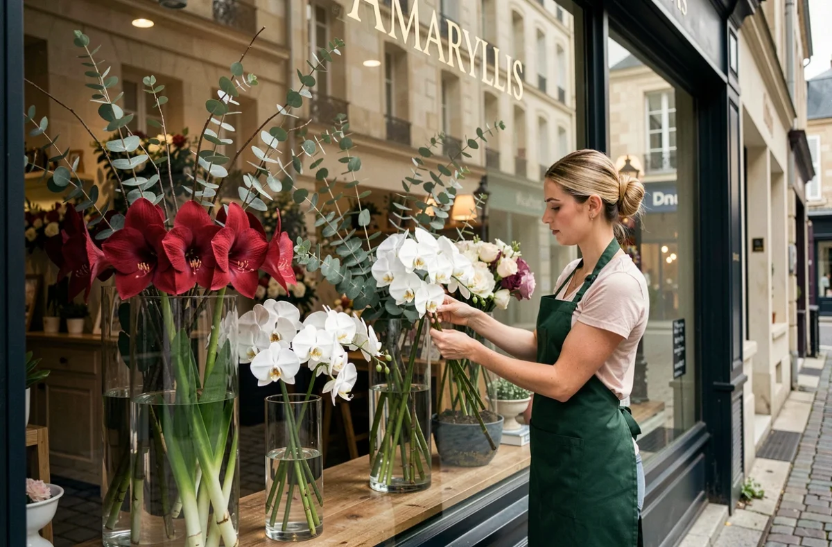 Vitrine de la boutique Amaryllis avec des fleurs amaryllis rouges et des orchidées blanches dans des vases cylindriques