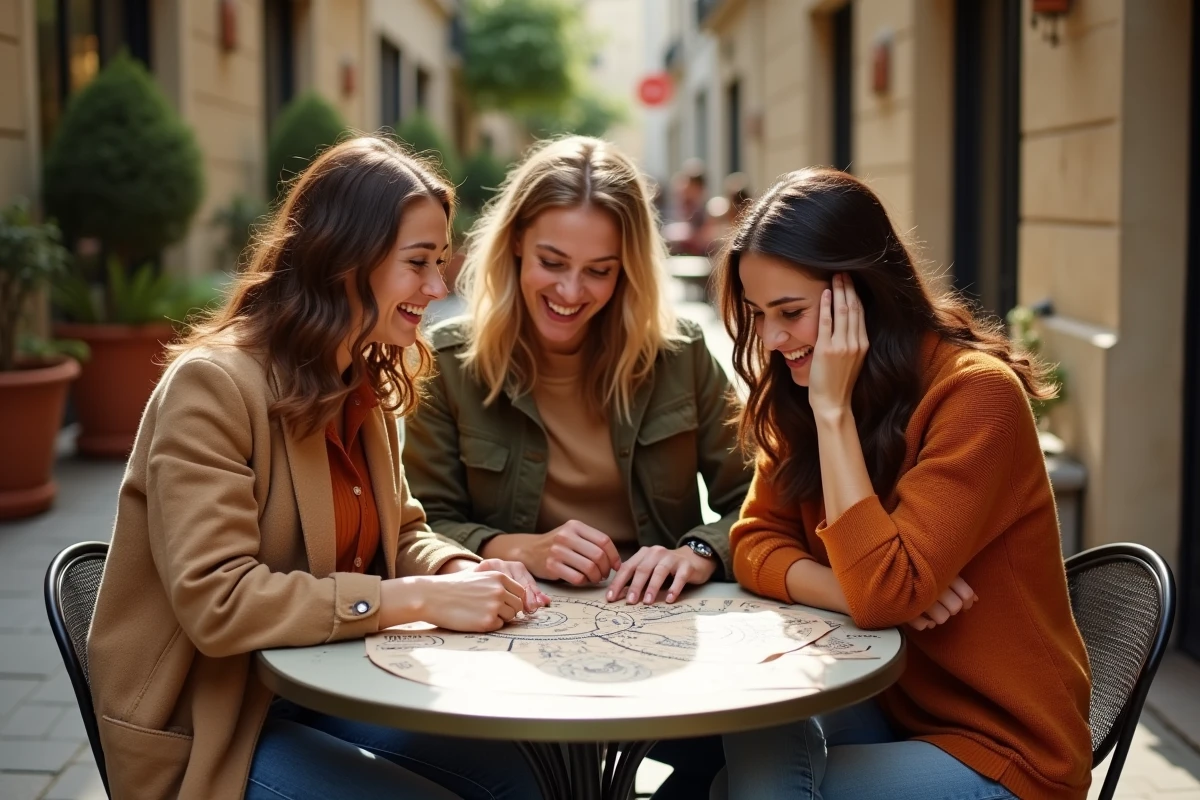 Groupe d'amis discutant de thèmes astraux et de signes du zodiaque autour de cartes astrologiques dans un café parisien