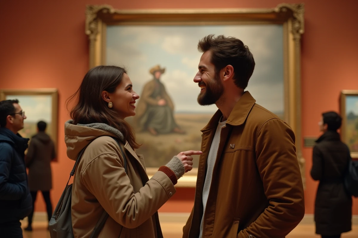 Deux amis découvrant un tableau impressionniste dans un musée grâce à une liste de peintres célèbres