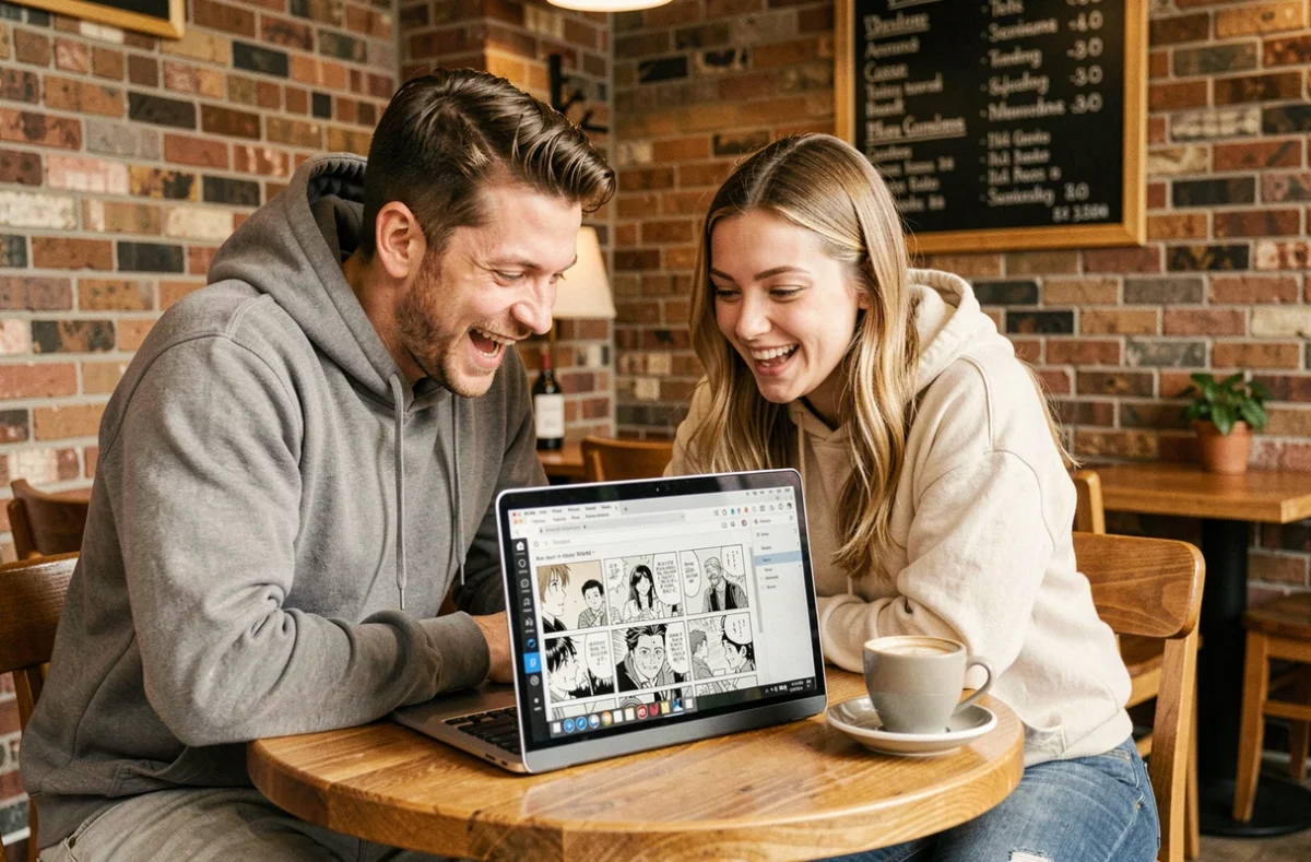 Deux amis réagissant ensemble à la lecture d'un scan officiel de One Piece sur ordinateur portable dans un café