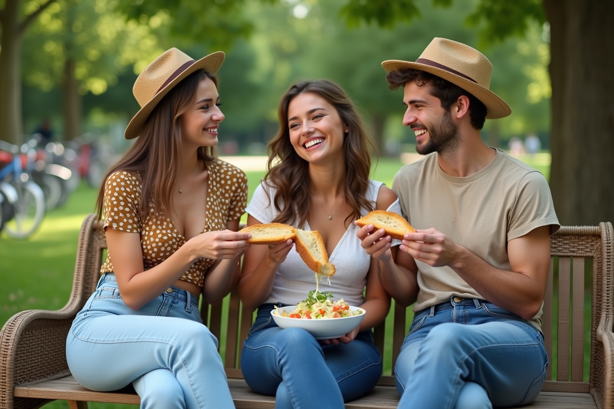 Groupe d amis partageant une baguette en plein air dans un parc
