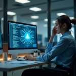 Analyste cybersécurité femme au bureau contemplant l'écran
