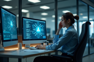 Analyste cybersécurité femme au bureau contemplant l'écran