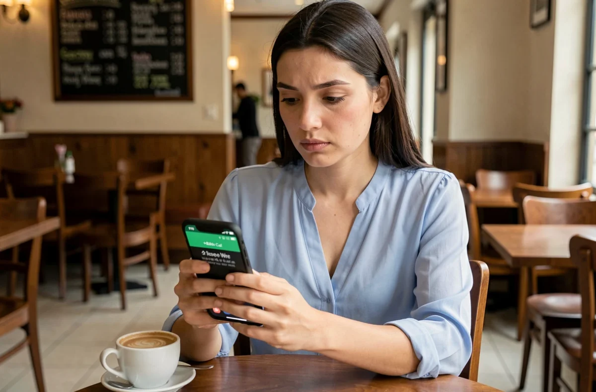 Jeune femme dans un café regardant une notification d'appel manqué depuis un numéro tunisien commençant par +216 sur son téléphone