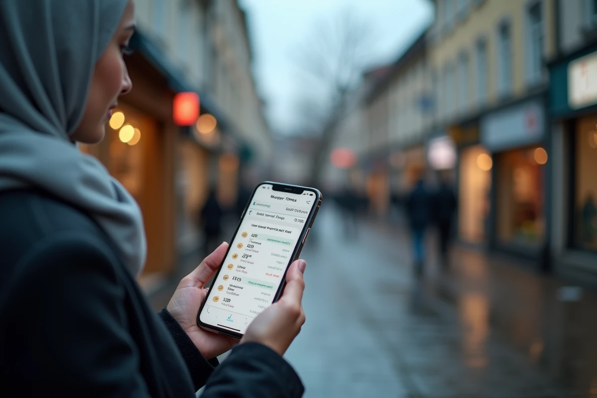 Femme voilée consultant une application d'horaires de prière sur smartphone dans une rue française