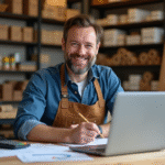 Artisan français souriant dans son atelier avec bureau en bois lumineux