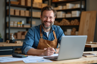 Artisan français souriant dans son atelier avec bureau en bois lumineux