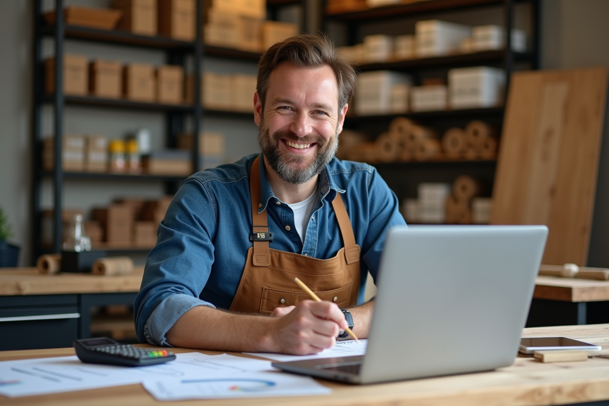 Artisan français souriant dans son atelier avec bureau en bois lumineux