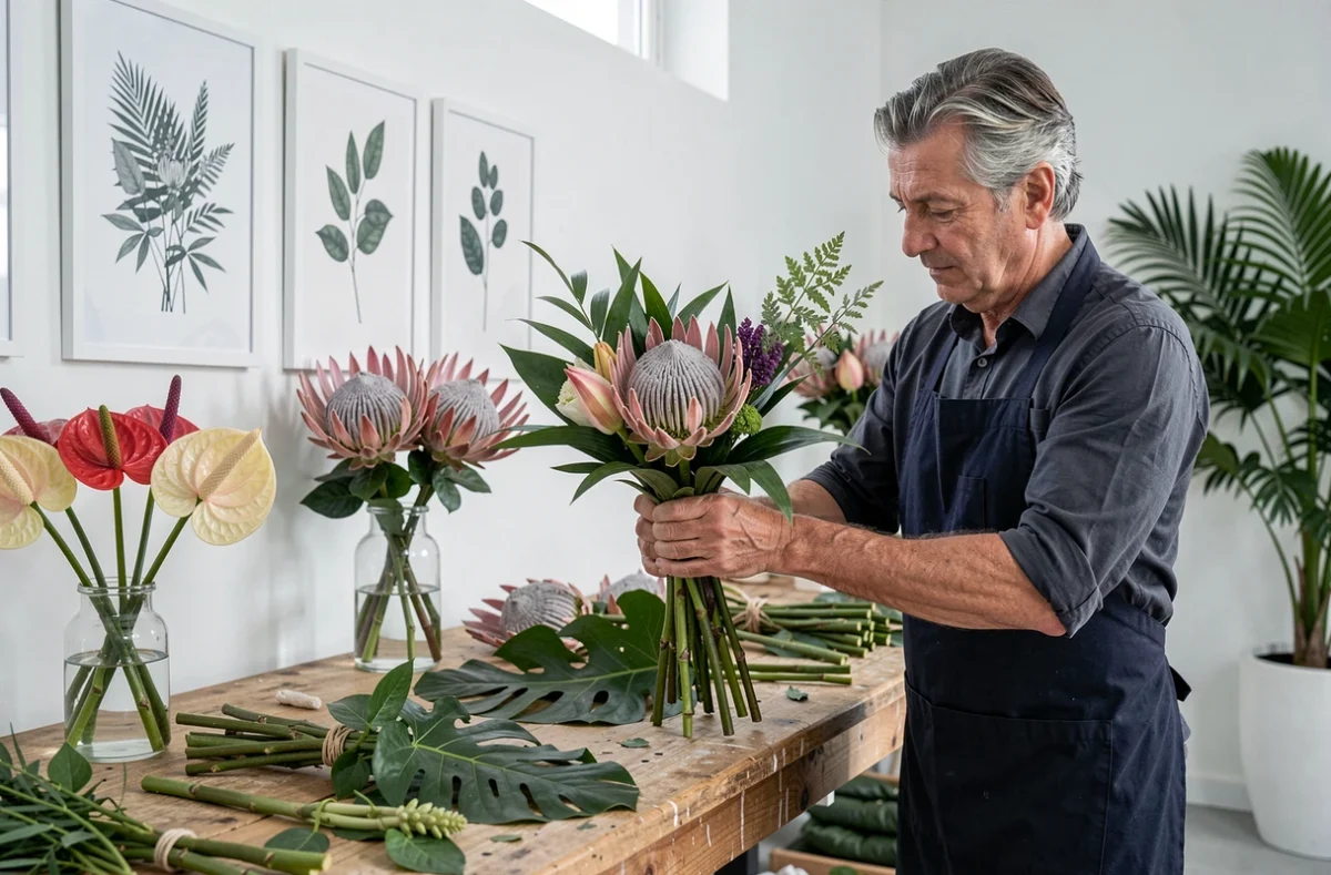 Atelier d'Olivier fleuriste avec des proteas et anthuriums dans des vases en verre sur un établi en bois épuré