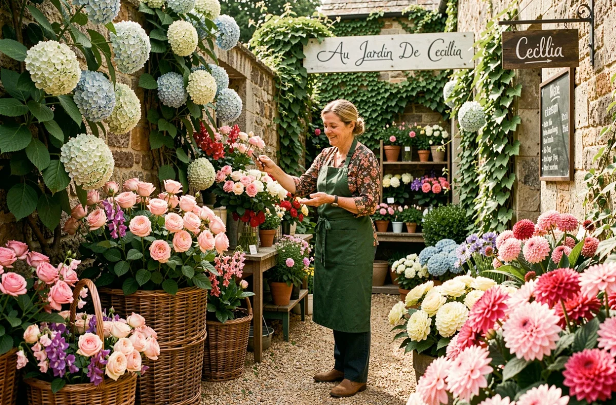 Au Jardin De Cecilia fleuriste avec des roses et dahlias dans des paniers en osier sur un chemin de gravier fleuri