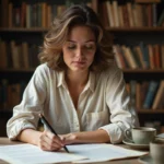 Auteure en train de corriger un manuscrit à la main sur un bureau en bois encombré de feuillets annotés, dans un bureau home office chaleureux
