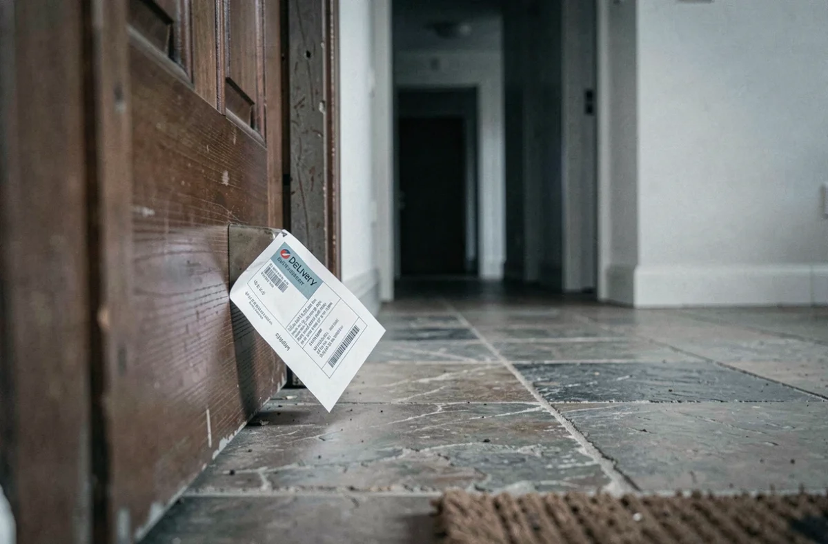Avis de passage DPD glissé dans une porte d'appartement sans colis livré