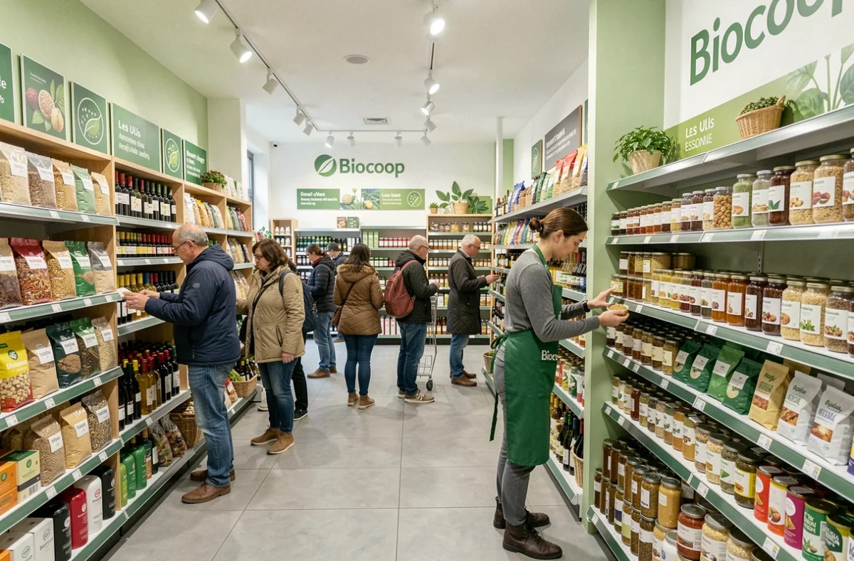 Intérieur du Biocoop des Ulis avec des rayons organisés de produits bio, des clients en train de faire leurs courses et un employé en tablier vert