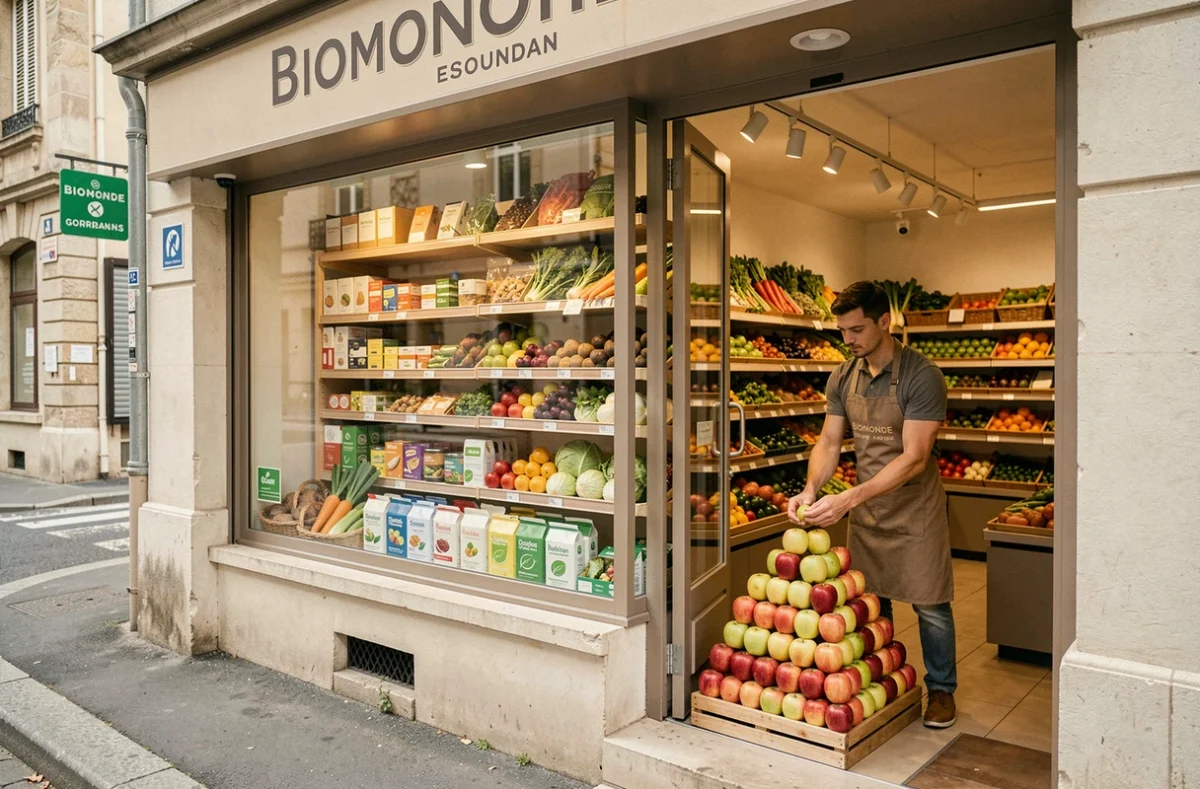 Magasin Biomonde à Dourdan avec un employé arrangeant une pyramide de pommes bio devant les rayons de produits naturels