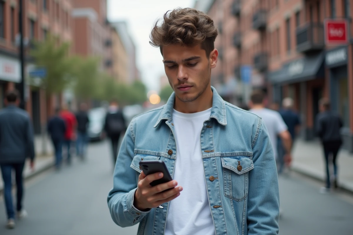 Jeune personne bloquant un numéro de téléphone inconnu et malveillant dans une rue urbaine