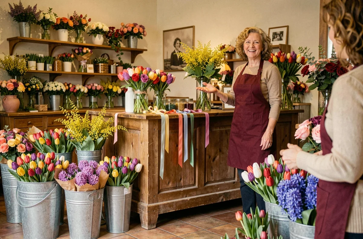 Boutique Passion fleuriste avec des bouquets colorés en seaux métalliques et des tulipes sur un comptoir en bois vintage