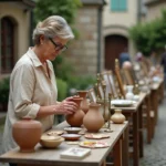 Femme examinant un vase ancien sur un stand de brocante en plein air près de Metz en Moselle