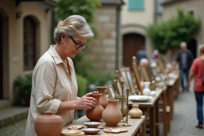 Femme examinant un vase ancien sur un stand de brocante en plein air près de Metz en Moselle