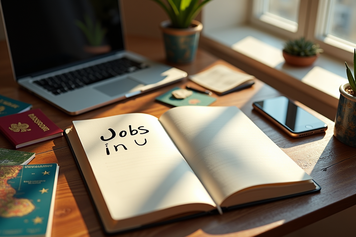 Bureau lumineux avec carnet de voyage et passeports ouverts
