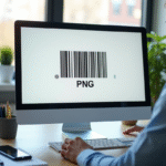 Espace de travail avec écran affichant un code barre en PNG