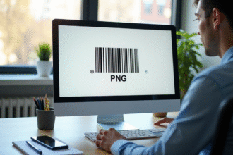 Espace de travail avec écran affichant un code barre en PNG