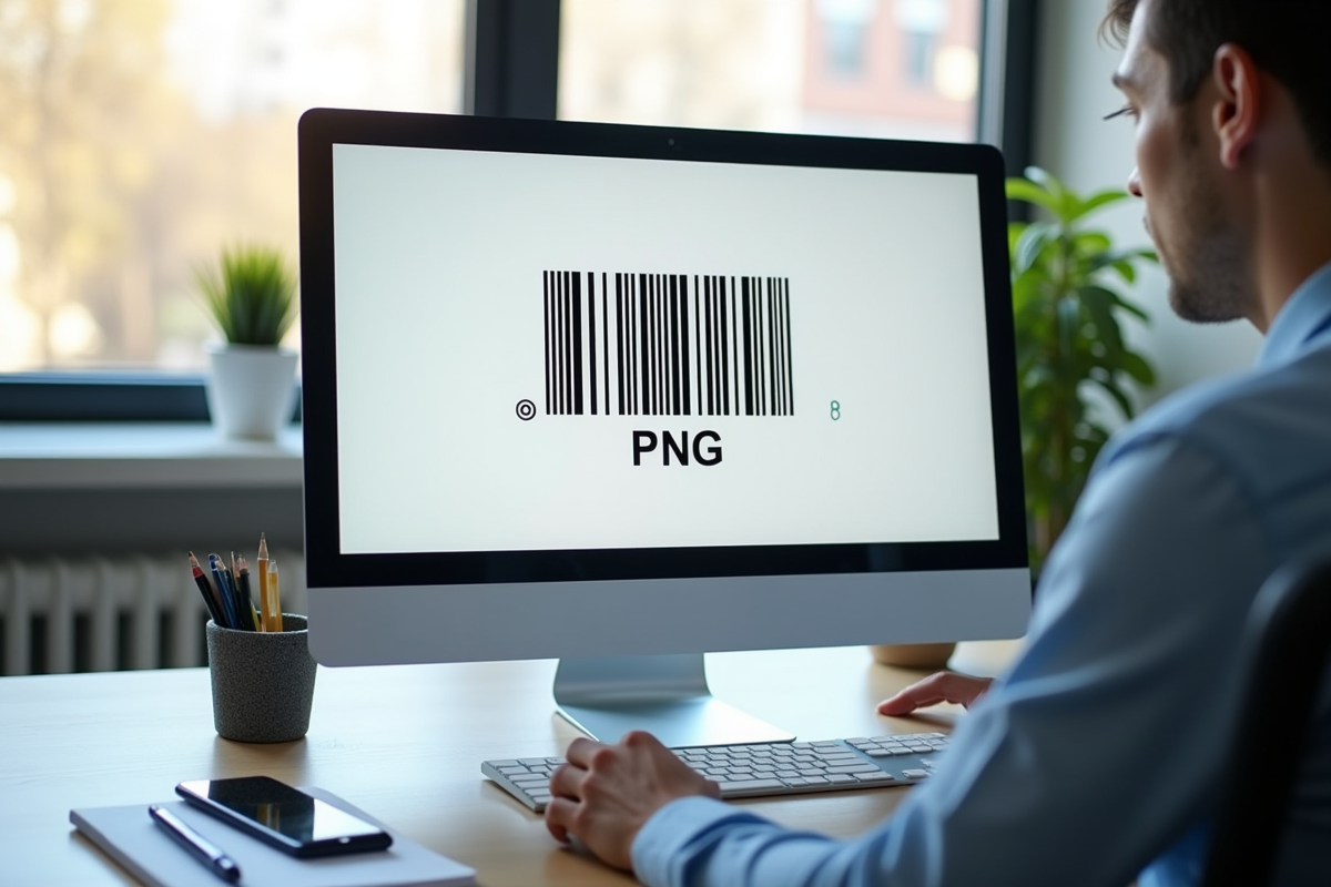 Espace de travail avec écran affichant un code barre en PNG