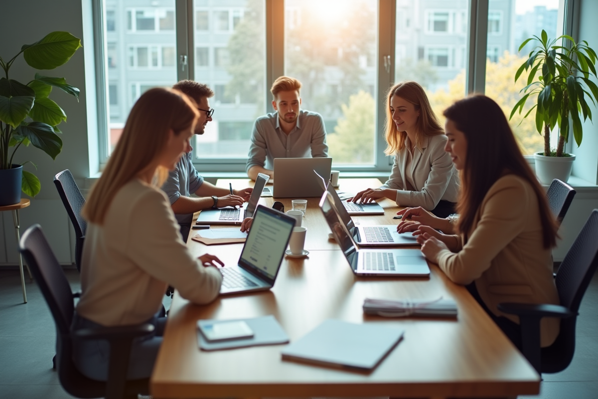 Espace de travail moderne avec équipe collaborant
