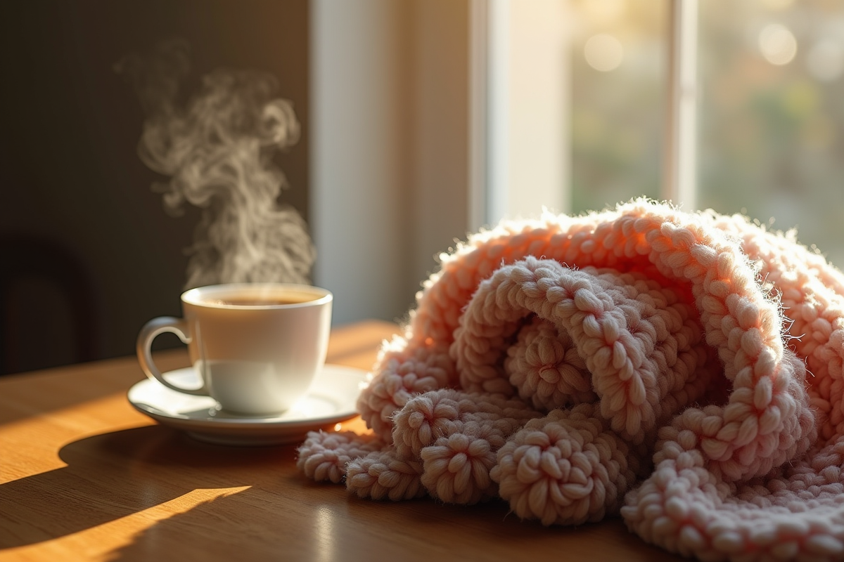 Écharpe et gants en chenille posés sur une table en bois