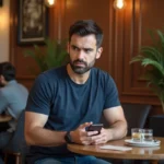 Homme en café avec expression inconfortable