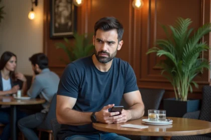 Homme en café avec expression inconfortable