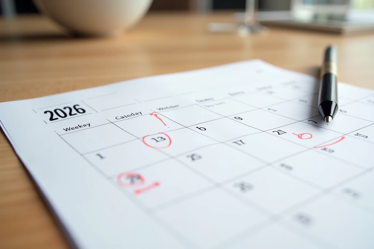 Calendrier 2026 imprimé sur table avec semaines paires et impaires annotées à la main
