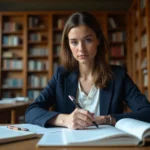 Candidate préparant un examen dans une bibliothèque universitaire, révisant des notes manuscrites avec concentration