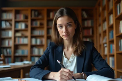 Candidate préparant un examen dans une bibliothèque universitaire, révisant des notes manuscrites avec concentration
