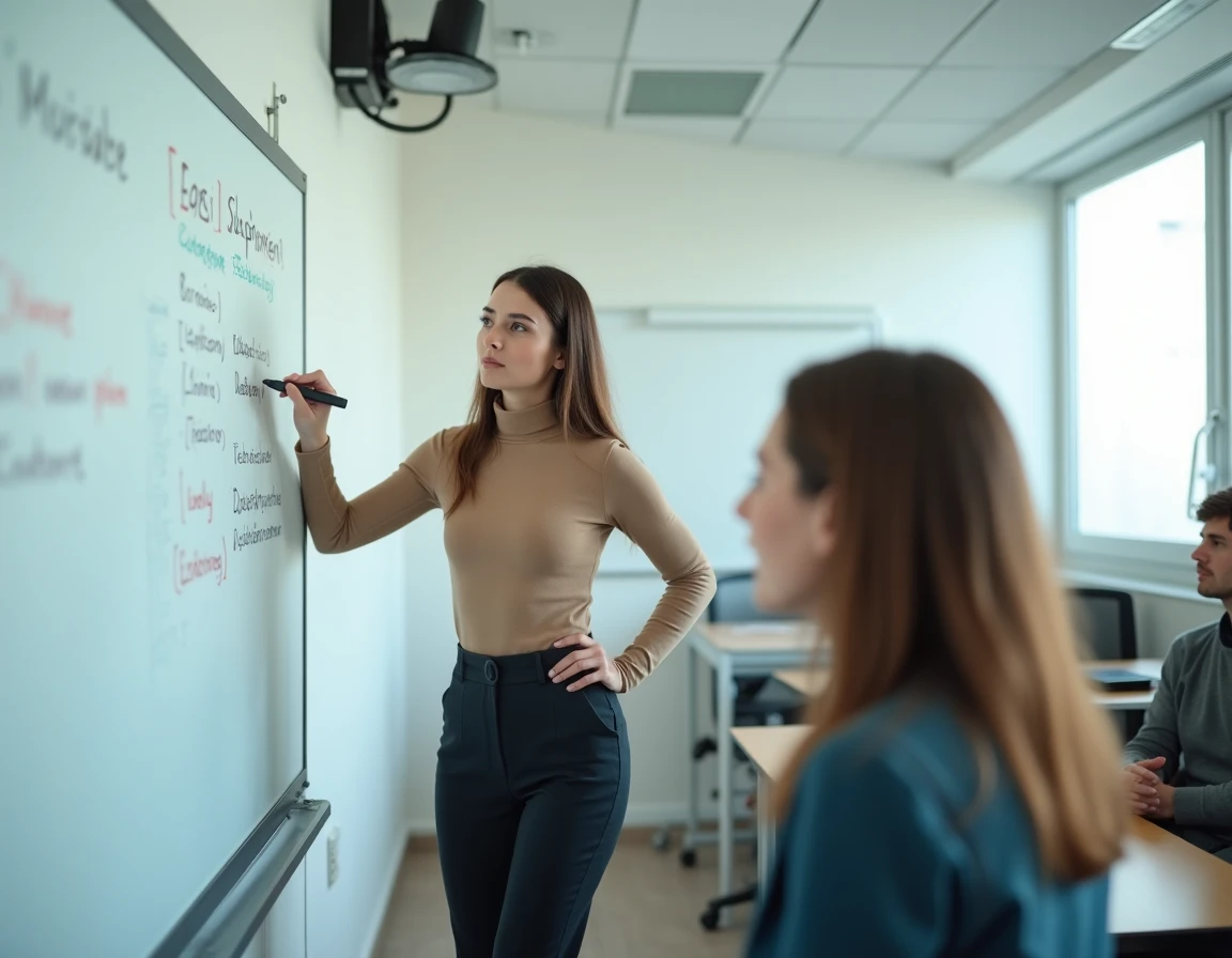 Candidate présentant un exposé écrit au tableau devant un jury lors d'un concours académique