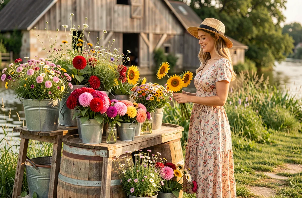 Stand de fleurs champêtre à la ferme florale des bords de Seine avec des dahlias et fleurs sauvages en seaux vintage
