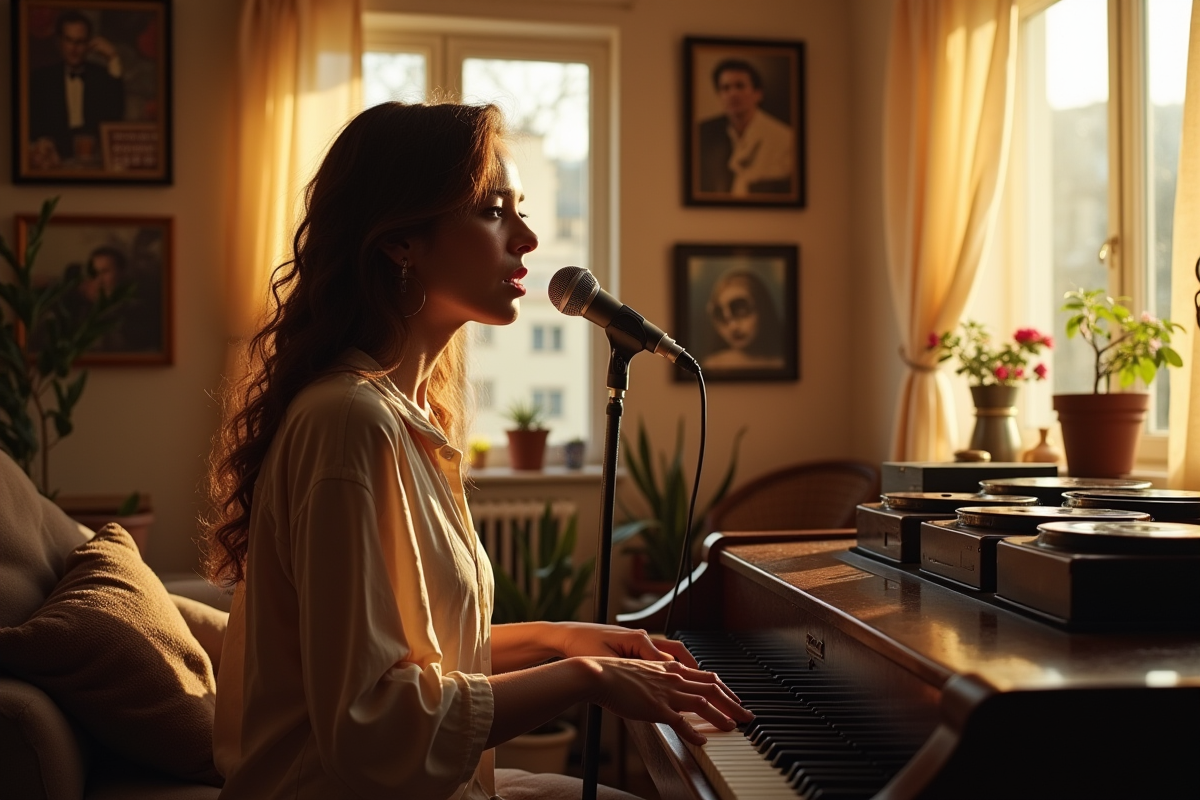 Chanteuse française pratiquant dans un salon vintage lumineux