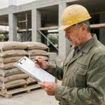 Chef de chantier consultant des feuilles de calcul de conversion m2 en m3 devant des matériaux de construction empilés sur palettes