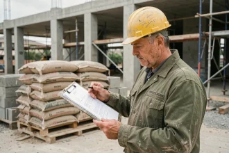 Chef de chantier consultant des feuilles de calcul de conversion m2 en m3 devant des matériaux de construction empilés sur palettes