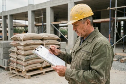 Chef de chantier consultant des feuilles de calcul de conversion m2 en m3 devant des matériaux de construction empilés sur palettes