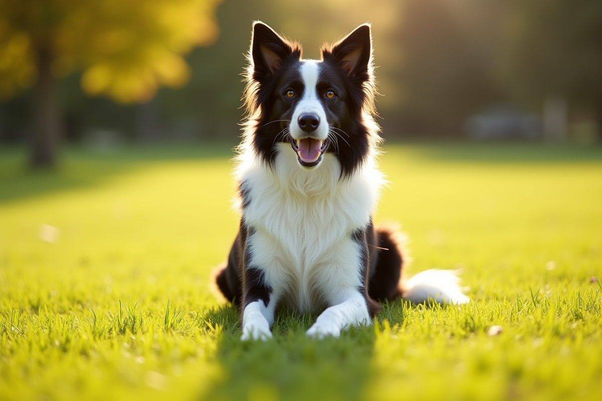 Border Collie croise Australian Shepherd en plein air ensoleille