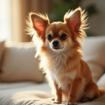 Chihuahua à long poil assis sur un canapé cosy en lumière naturelle