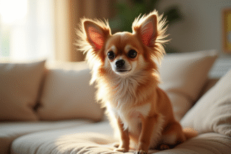 Chihuahua à long poil assis sur un canapé cosy en lumière naturelle