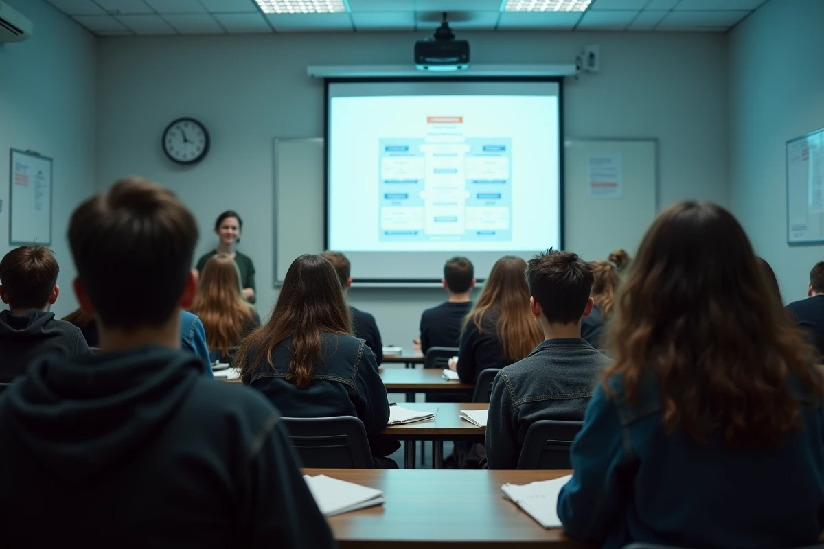 Classe de lycée regardant une présentation projetée sur la structure administrative fédérale de l'Allemagne