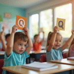 Enfants en classe avec étiquettes nom Q lumineux
